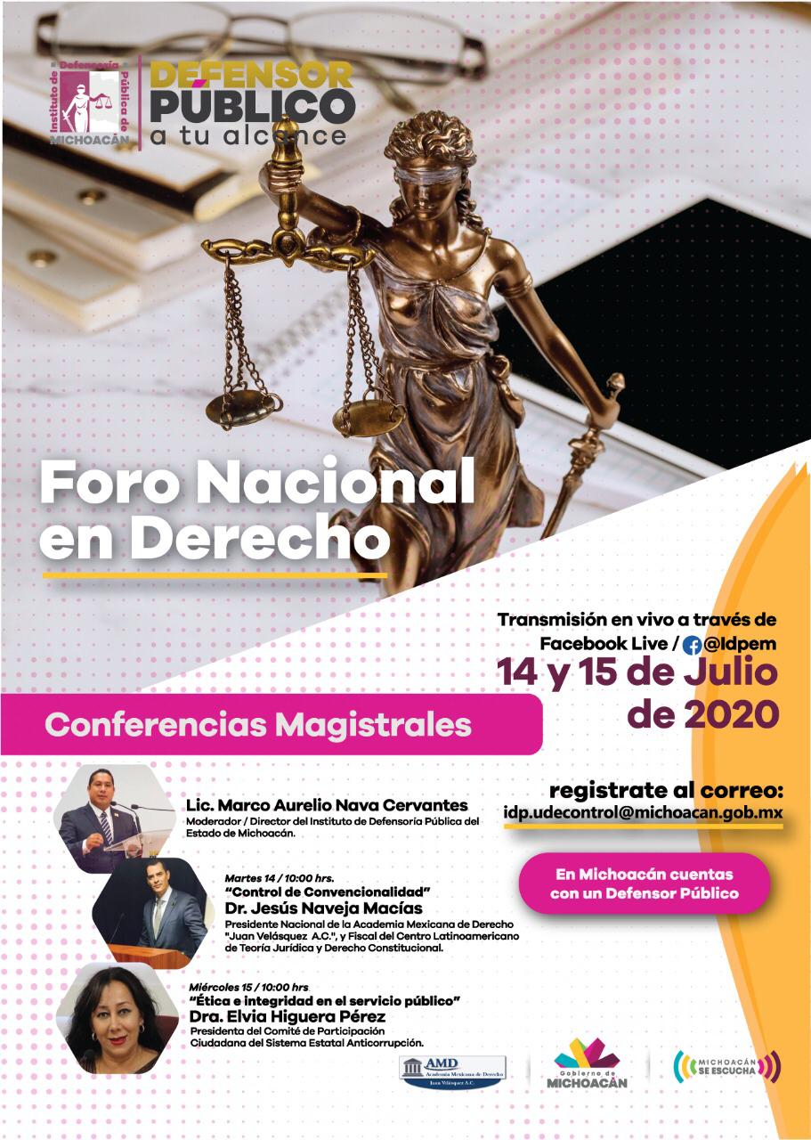 Foro Nacional de Derecho, 14 y 15 de Julio; Invita el Instituto de Defensoría Pública