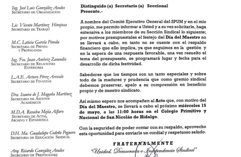 Se acabó el dinero; el Sindicato de Profesores de la UMSNH no hará fiesta del Día del Maestro.